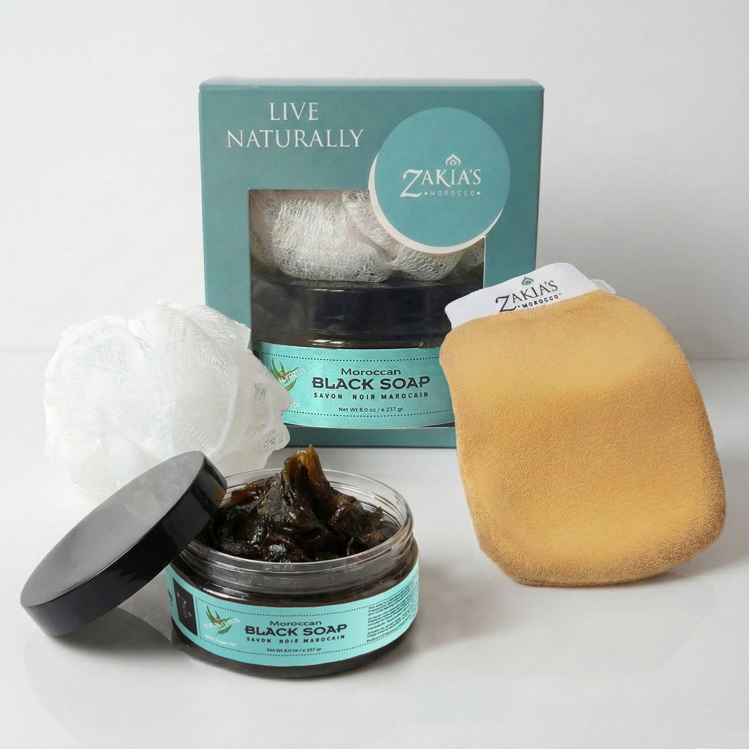 Moroccan Black Soap Exfoliating Kessa Gift Box - Eucalyptus