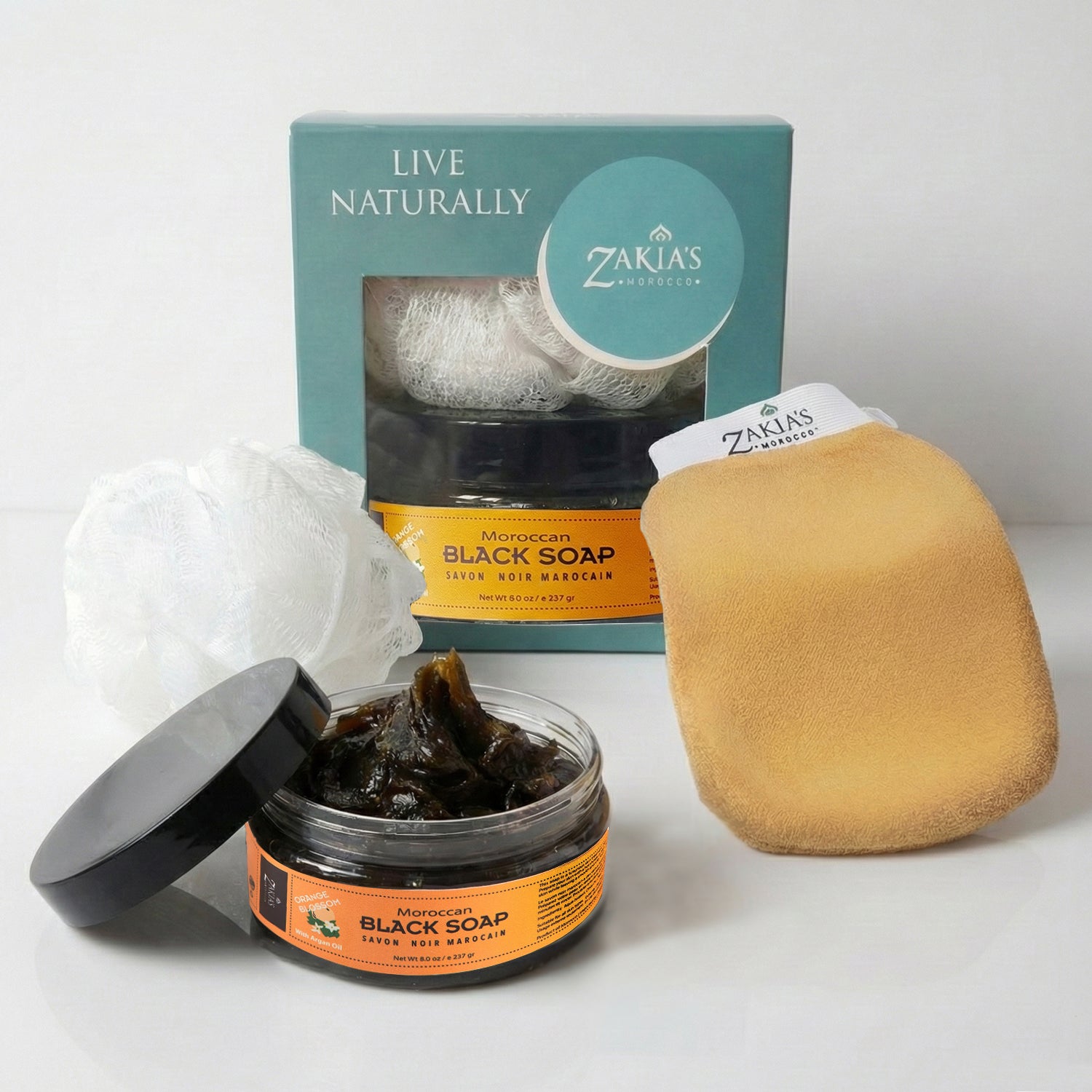 Moroccan Black Soap Exfoliating Kessa Gift Box - Fleur d'Oranger