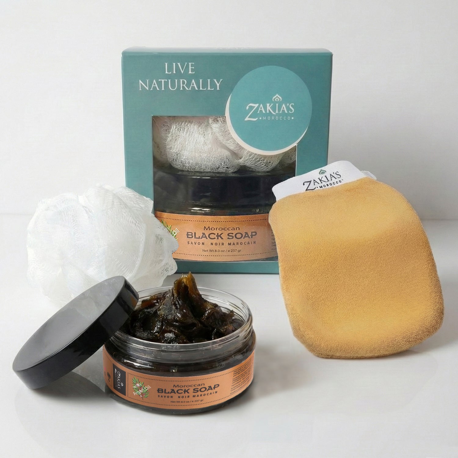 Moroccan Black Soap Exfoliating Kessa Gift Box - Argan Oil