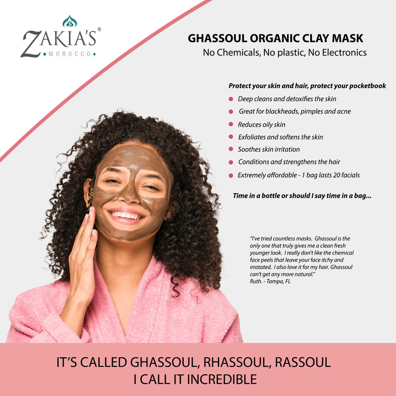 Moroccan Rhassoul Clay Mask - Organic Natural Facial Mask and Skin Care Treatment - Anti-aging Mud Mask for Dry & Oily Skin, Acne, Eczema & Psoriasis - 8 Oz